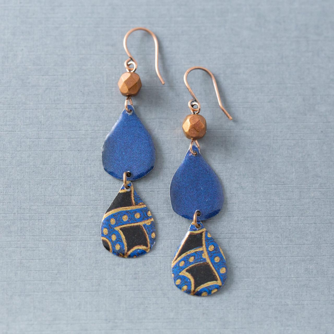 Blue & Copper Teardrop Earrings, Mismatched Earrings, Boho Earrings, Mixed Metal Earrings, Tin Earrings, Bohemian Jewelry