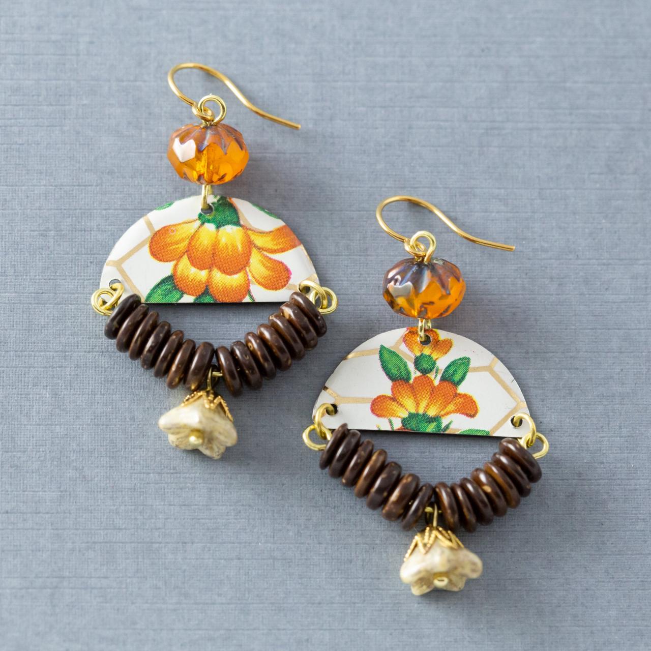 Orange Flower Earrings, Tin Earrings, Boho Half Circle Earrings, Bohemian Jewelry, Flower Jewelry