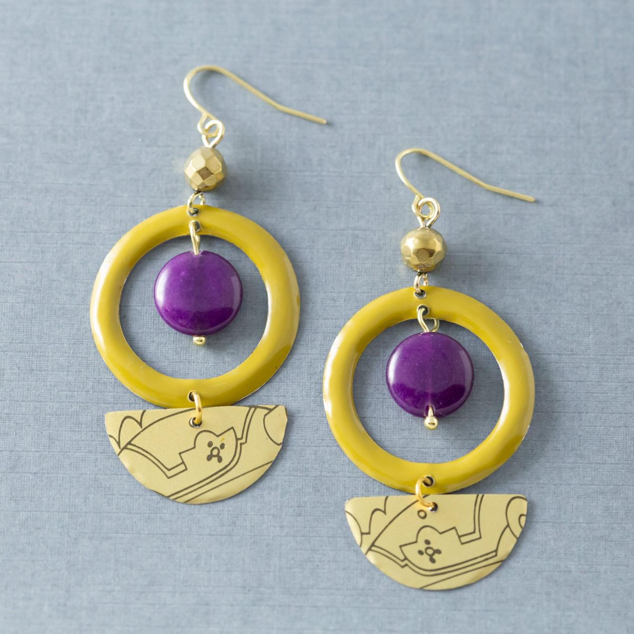 Half Circle Earrings, Geometric Earrings, Green, Purple & Gold Earrings, Statement Jewelry, Tin Jewelry, Semicircle Jewelry