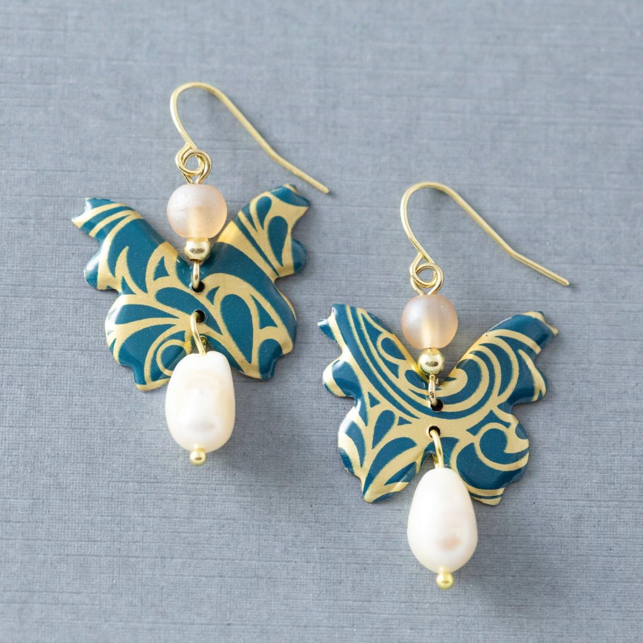 Blue & Gold Butterfly Earrings, Tin Earrings, Pearl Earrings, Boho Jewelry, Tin Jewelry, Butterfly Jewelry