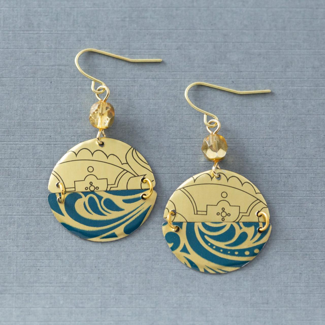 Mismatched Boho Half Circle Earrings, Mixed Metal Earrings, Semicircle Earrings, Tin Earrings, Gold And Teal Blue Earrings, Unusual Jewelry