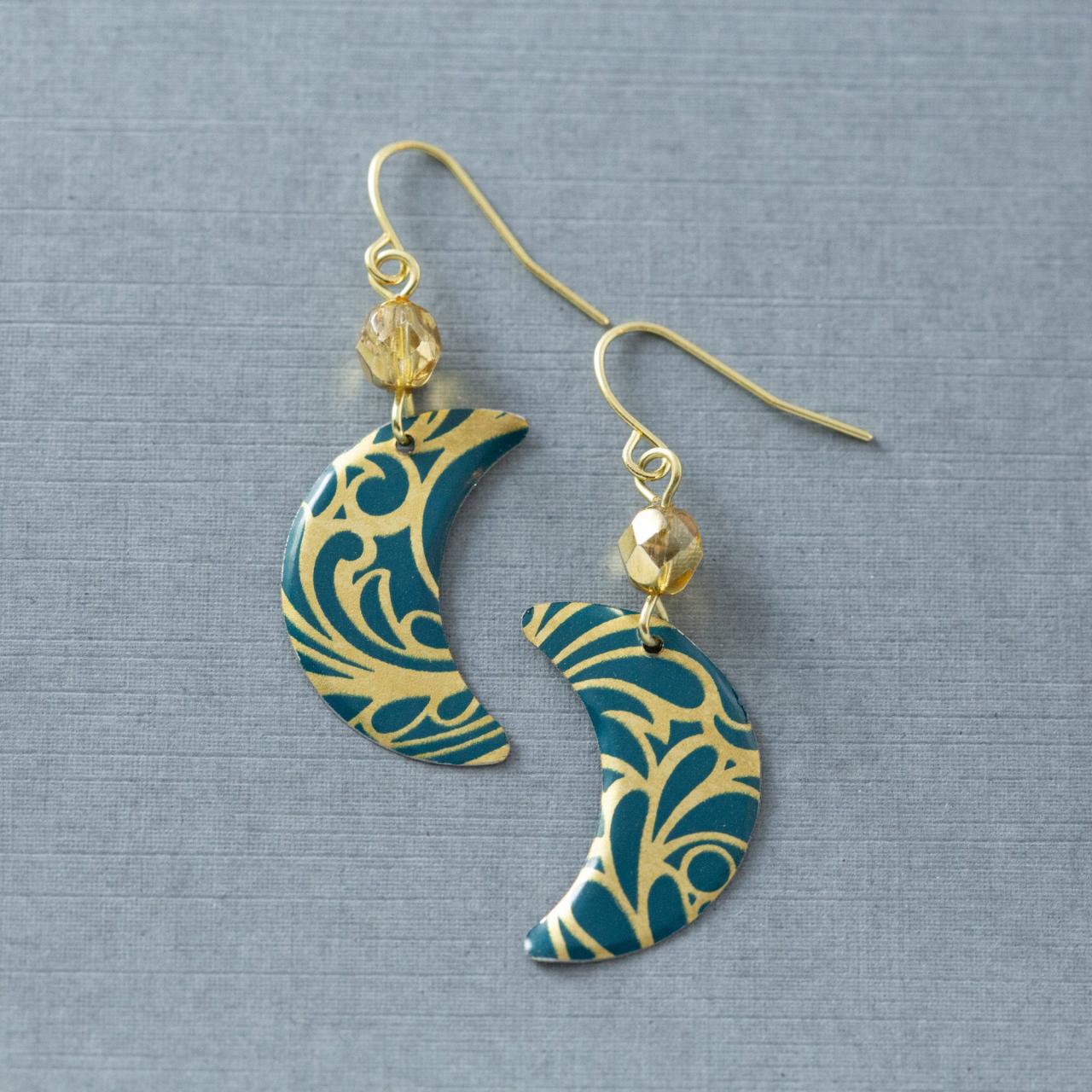 Boho Blue & Gold Tin Moon Earrings, Crescent Moon Dangle Earrings, Celestial Jewelry, Anniversary Gift