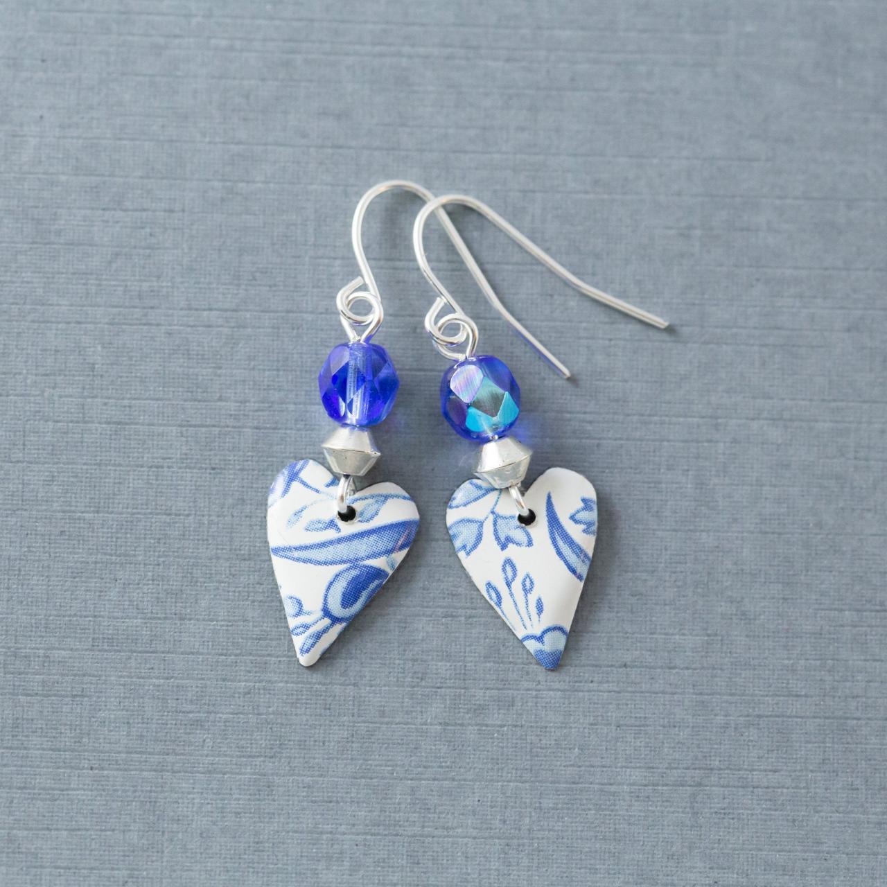 Boho Blue Tin Heart Earrings, Dainty Heart Earrings, Heart Dangle Earrings, Heart Jewelry, Anniversary Gift