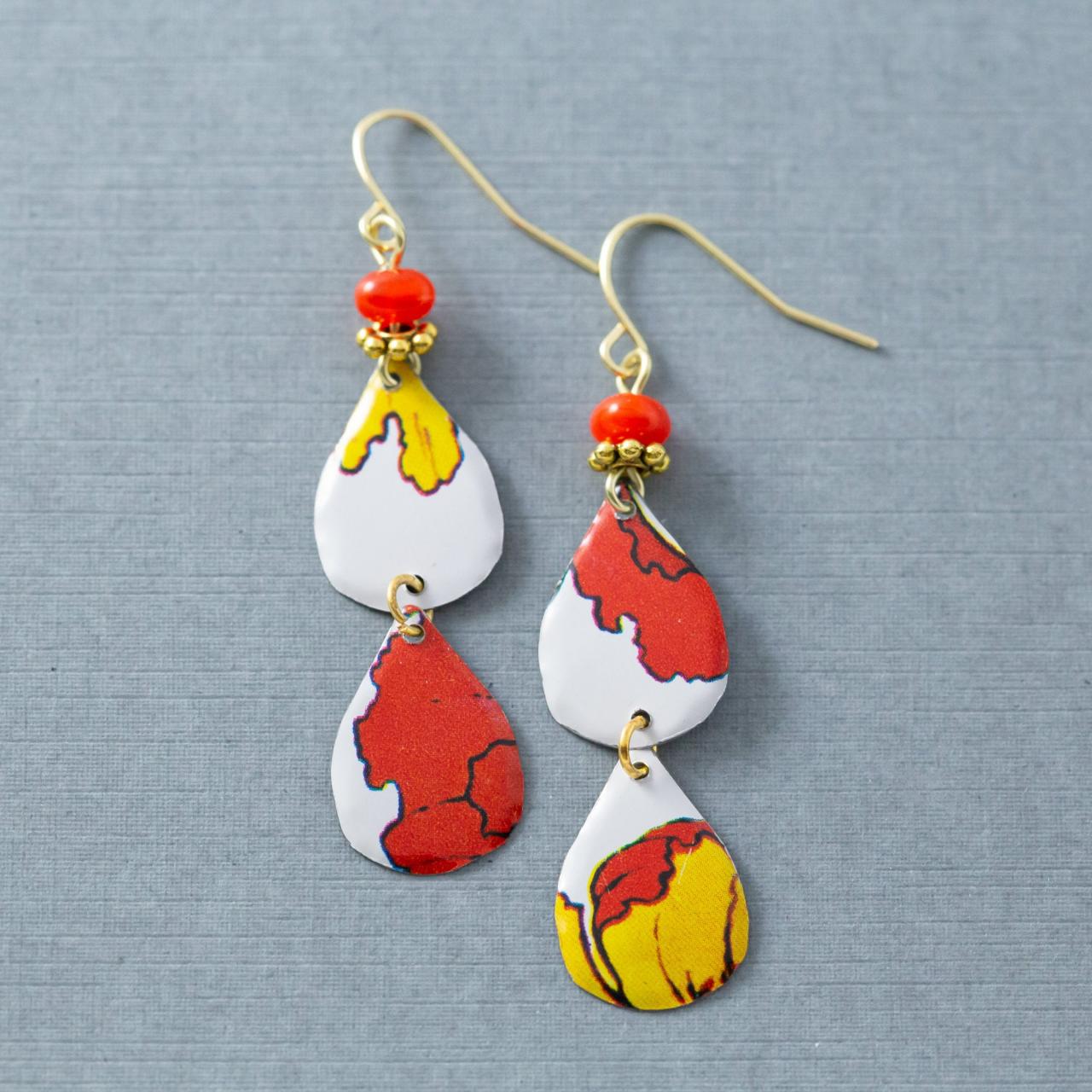 Orange, Red, & Yellow Mismatched Earrings, Abstract Earrings, Boho Teardrop Earrings, Tin Earrings, Bohemian Jewelry