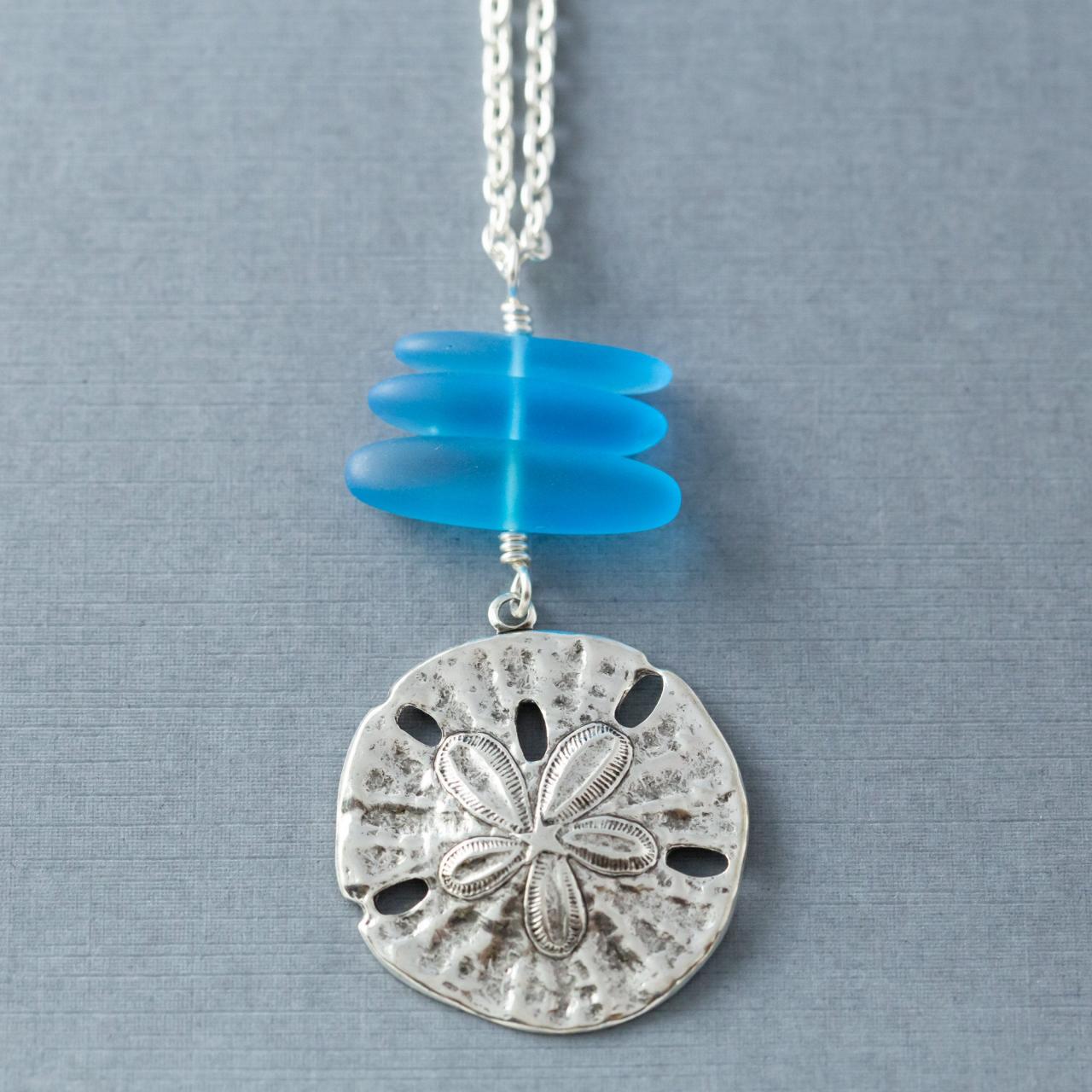 Silver Sand Dollar Pendant Necklace, Sand Dollar Necklace, Sanddollar Necklace, Blue Sea Glass Necklace, Ocean Necklace, Beach Jewelry