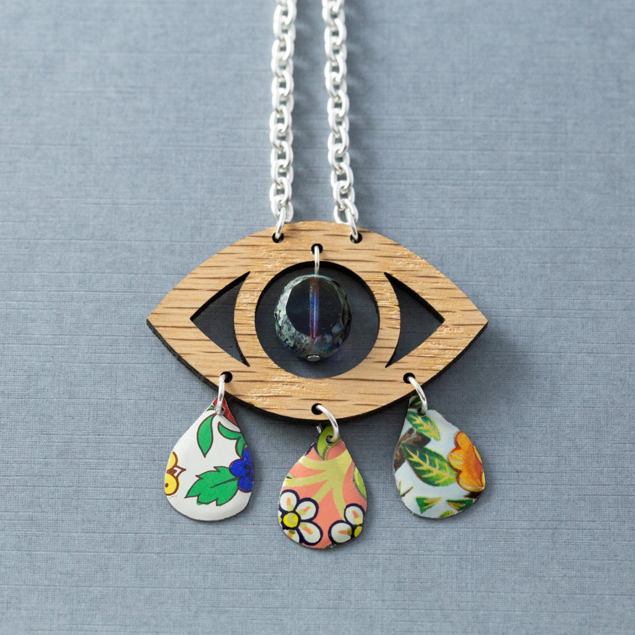 Wood Evil Eye Pendant Necklace, Witchy Necklace Silver, Silver Chain Necklace, Teardrop Necklace, Bohemian Necklace For Women, Boho Jewelry