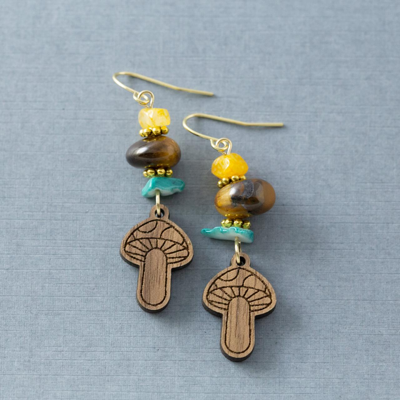 Boho Mushroom Earrings, Colorful Hippie Earrings, Nature Earrings, Forest Earrings, Woodland Earrings, Wood Mushroom Jewelry