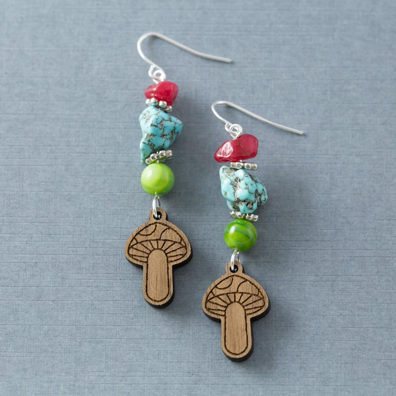Long Mushroom Earrings, Colorful Hippie Earrings, Nature Earrings, Forest Earrings, Woodland Earrings, Wood Mushroom Jewelry