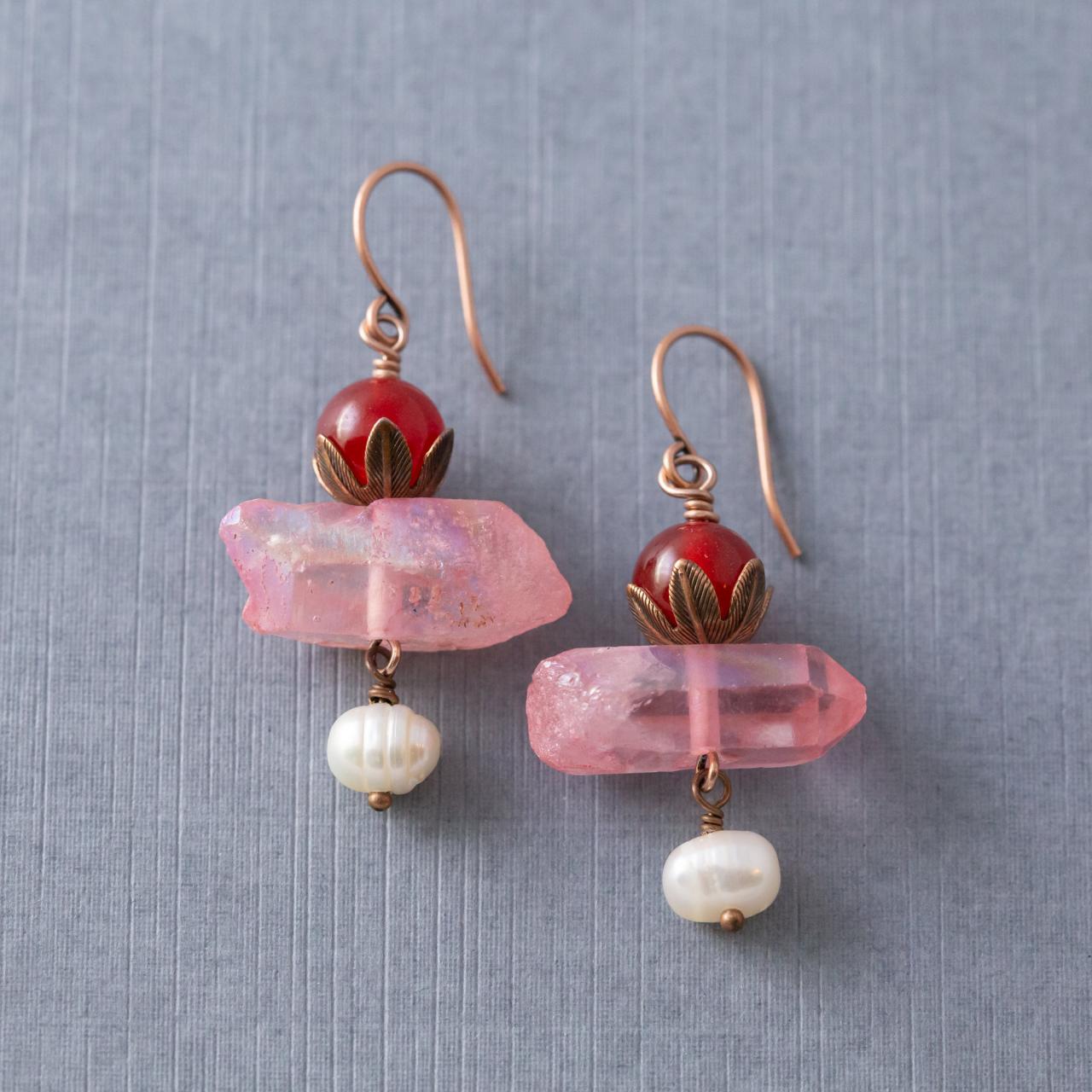 Red Quartzite, Pink Crystal, & Freshwater Pearl Earrings, Crystal Earrings, Quartzite Earrings, Pearl Jewelry, Dangle Earrings