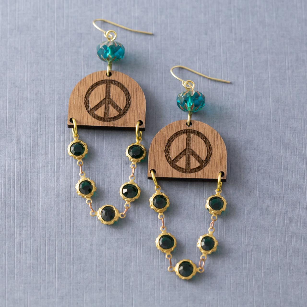Hippie Peace Sign Earrings, Walnut Wood Earrings, Hippie Jewelry, Statement Earrings, Wood Jewelry