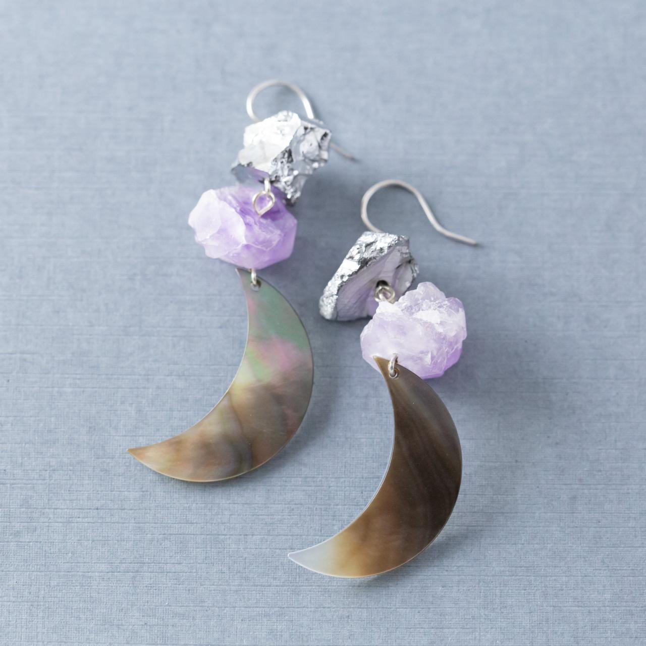 Mother Of Pearl Moon Earrings, Crescent Moon Earrings, Purple Crystal Earrings, Silver Crystal Earrings, Mother Of Pearl Jewelry