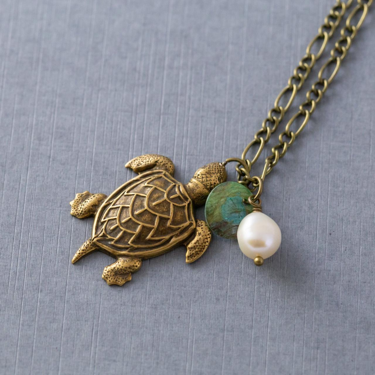 Sea Turtle Pendant Necklace, Freshwater Pearl Necklace, Beach Jewelry, Antiqued Brass Necklace, Beach Lover Gift, Sea Turtle Jewelry