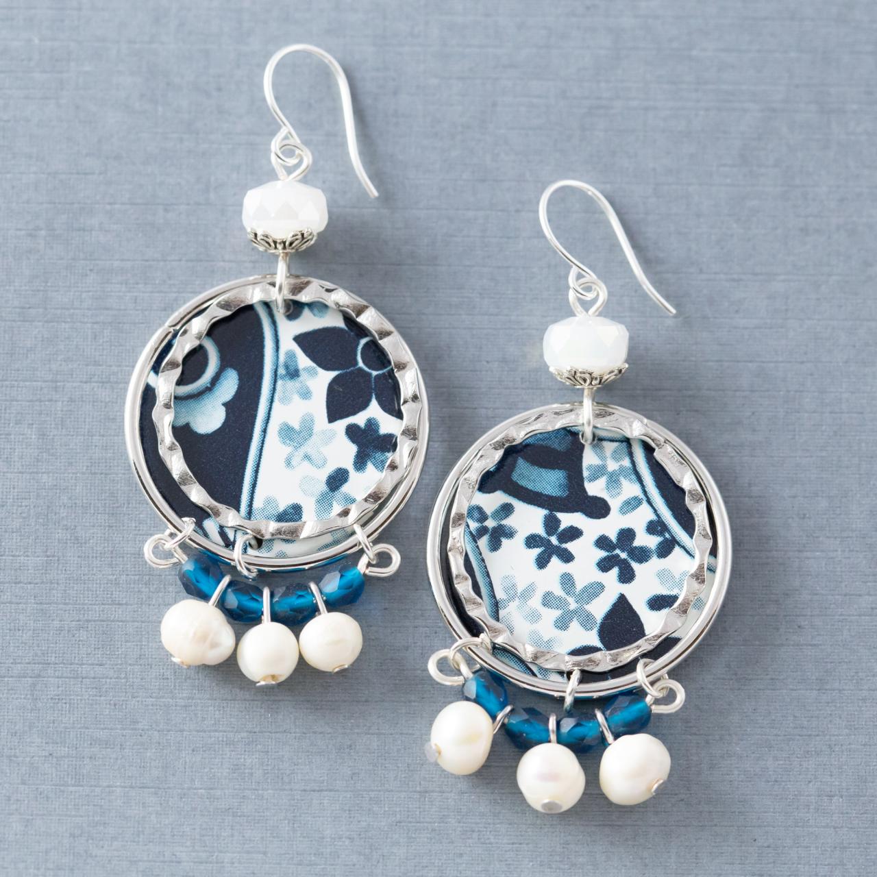 Blue And White Flower Earrings, Tin Earrings, Freshwater Pearl Earrings, Tin Jewelry, Bohemian Jewelry, Boho Chic Jewelry