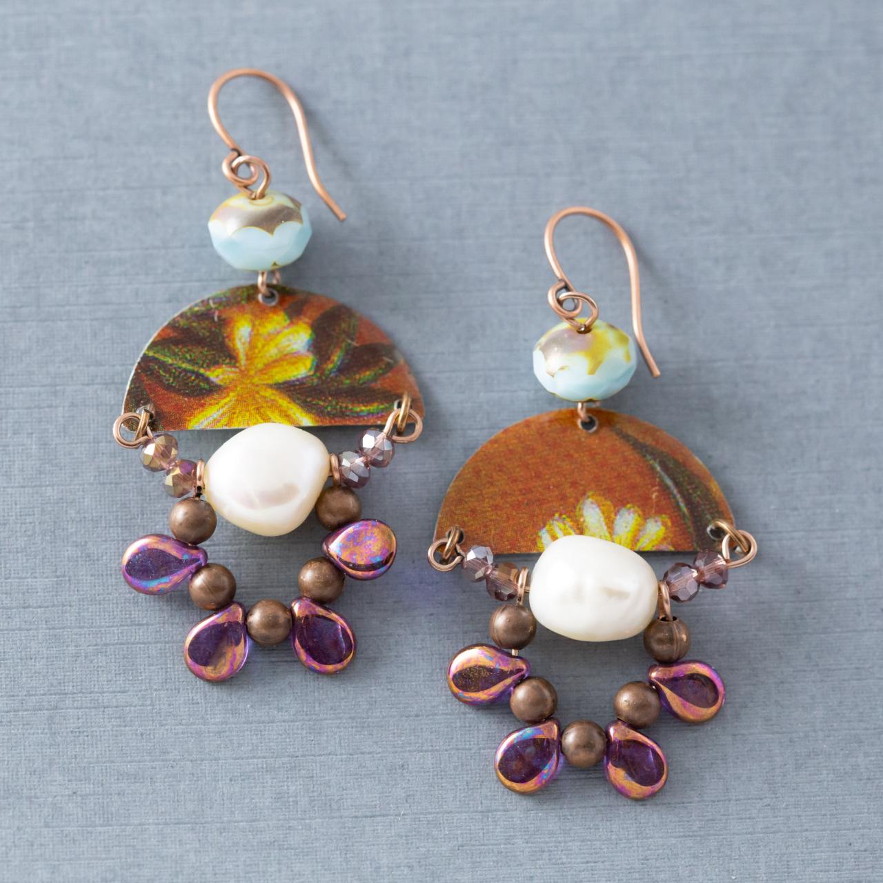 Half Circle Earrings, Freshwater Pearl Earrings, Brown, Blue And Purple Earrings, Flower Earrings, Bohemian Jewelry, Unique Jewelry