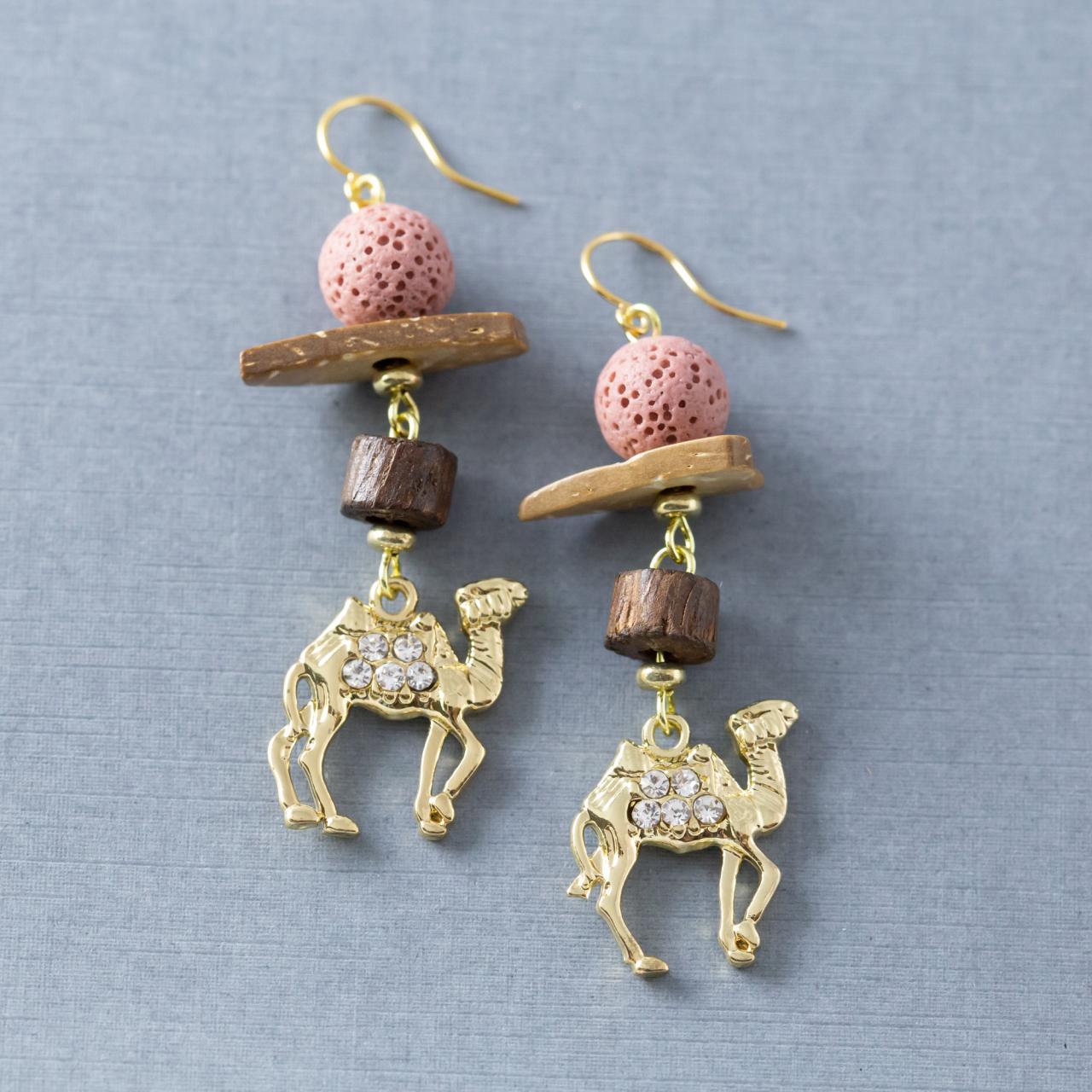 Camel Earrings, Desert Earrings, Lava Rock Earrings, Rhinestone Earrings, Boho Jewelry