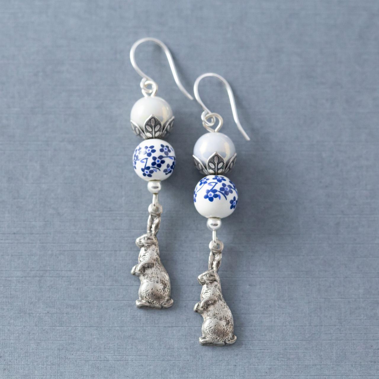 Silver Tone Rabbit Earrings With Blue And White Flower Beads, Rabbit Jewelry, Bunny Jewelry