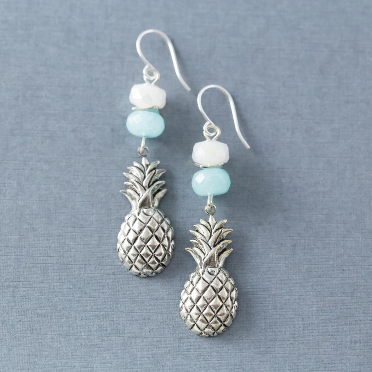 Silver Tone Pineapple Earrings With Blue Amazonite And White Faceted Glass Beads, Southern Jewelry, Fruit Jewelry