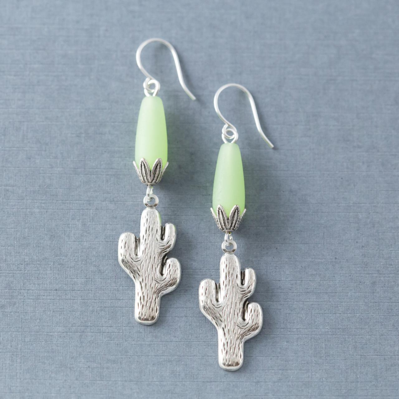 Silver Tone Cactus Plant Earrings With Mint Green Recycled Glass Beads, Desert Earrings, Cactus Jewelry
