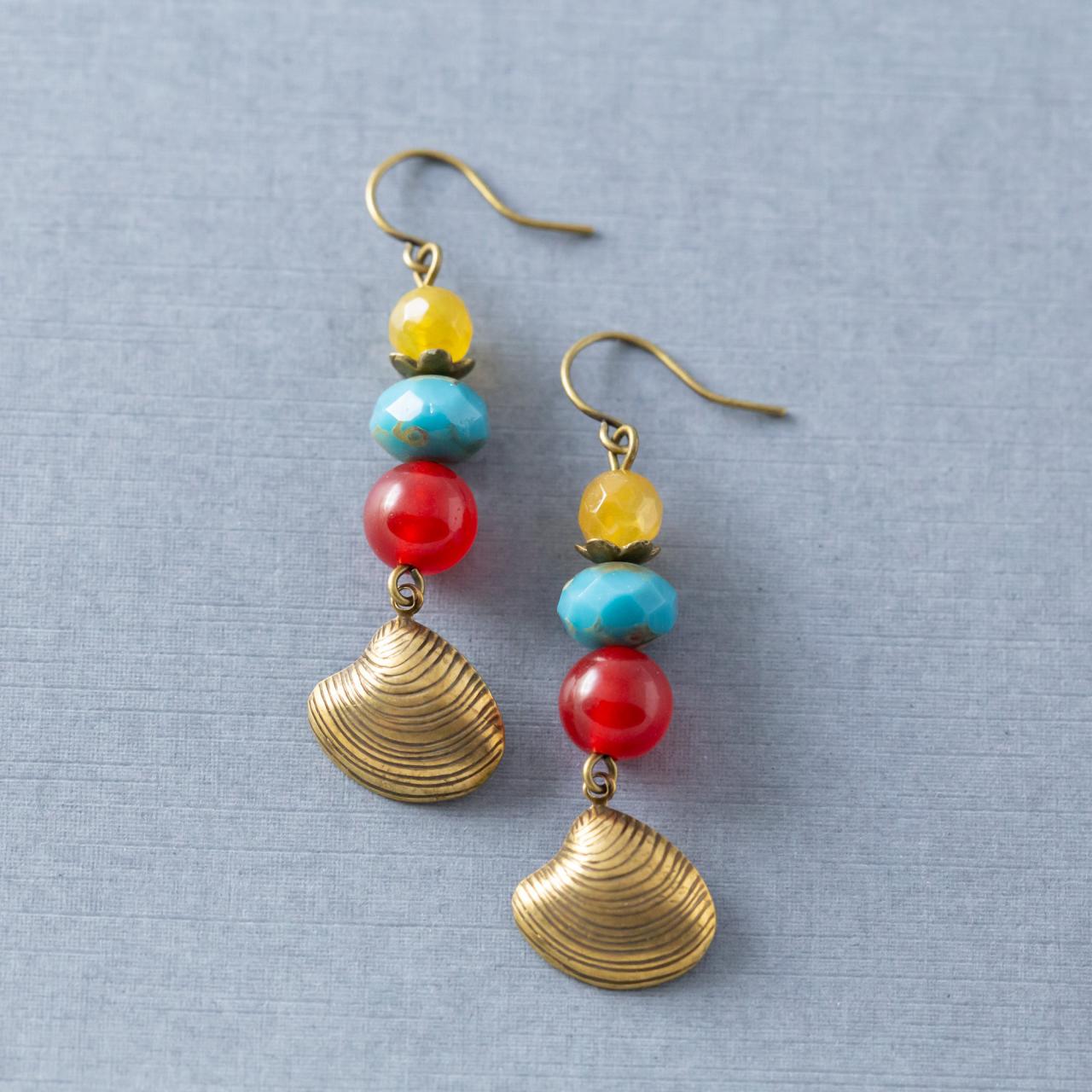 Colorful Boho Beach Shell Earrings With Yellow Agate, Red Quartzite, And Blue Czech Glass Beads, Beach Jewelry, Pawleys Island Made