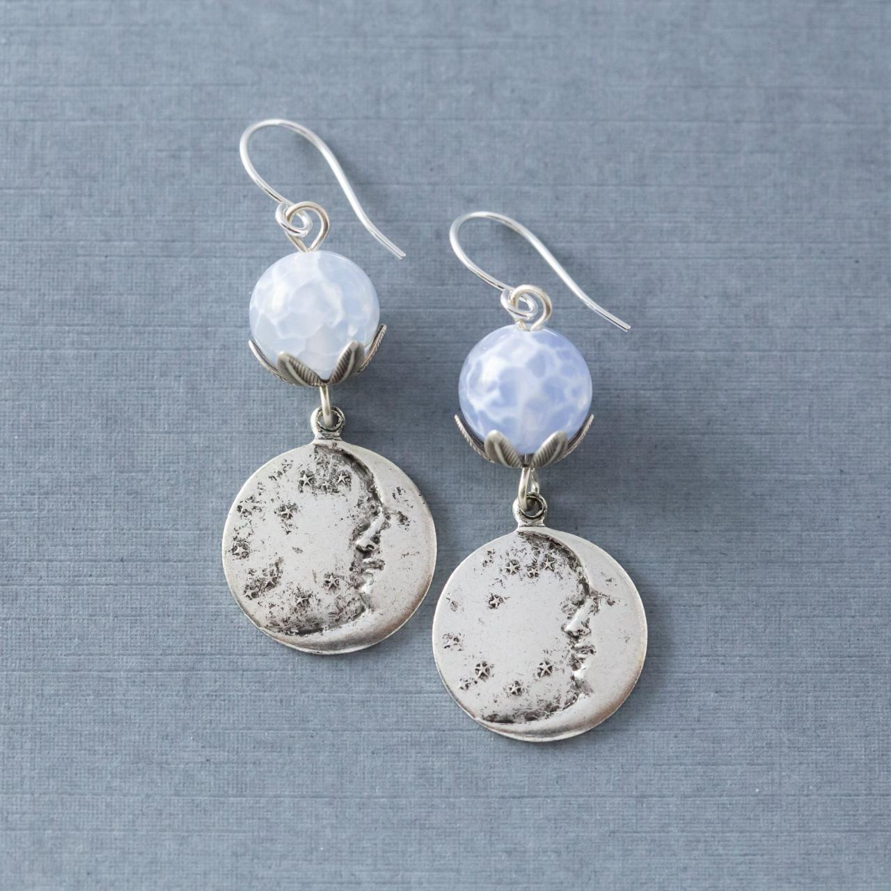 Silver Tone Crescent Moon And Stars Blue Agate Dangle Earrings, Celestial Jewelry
