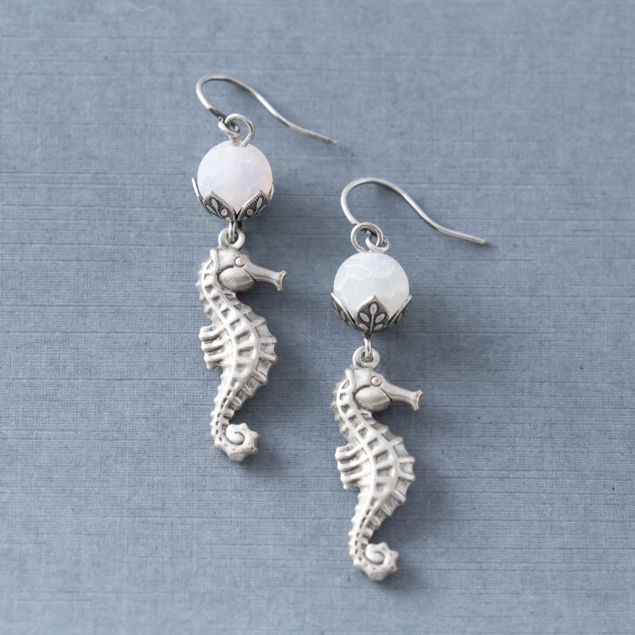 Antiqued Silver Seahorse Earrings With White Agate Beads And Flower Bead Caps, Beach Jewelry, Sea Jewelry