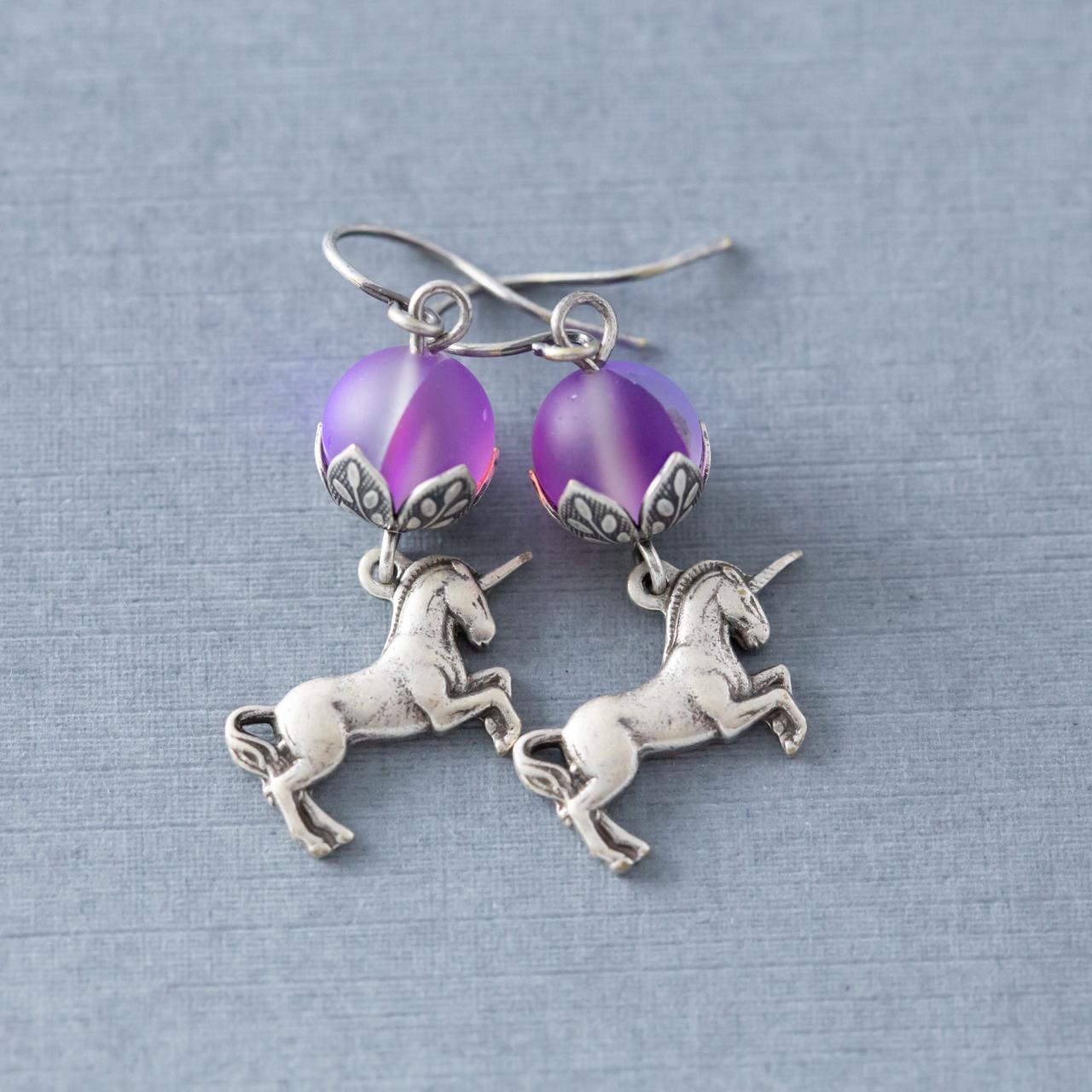 Purple And Silver Unicorn Earrings, Unicorn Dangle Earrings, Fantasy Earrings, Unicorn Lover Gift, Unicorn Jewelry