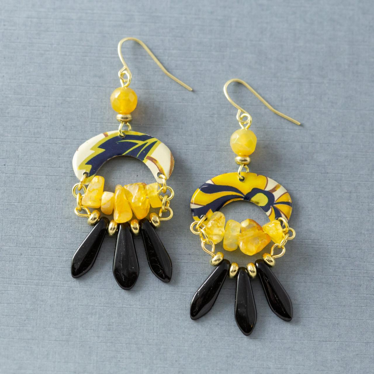 Black & Yellow Agate Earrings, Tin Earrings, Spike Earrings, Fringe Earrings, Bohemian Jewelry, Boho Jewelry, Statement Jewelry