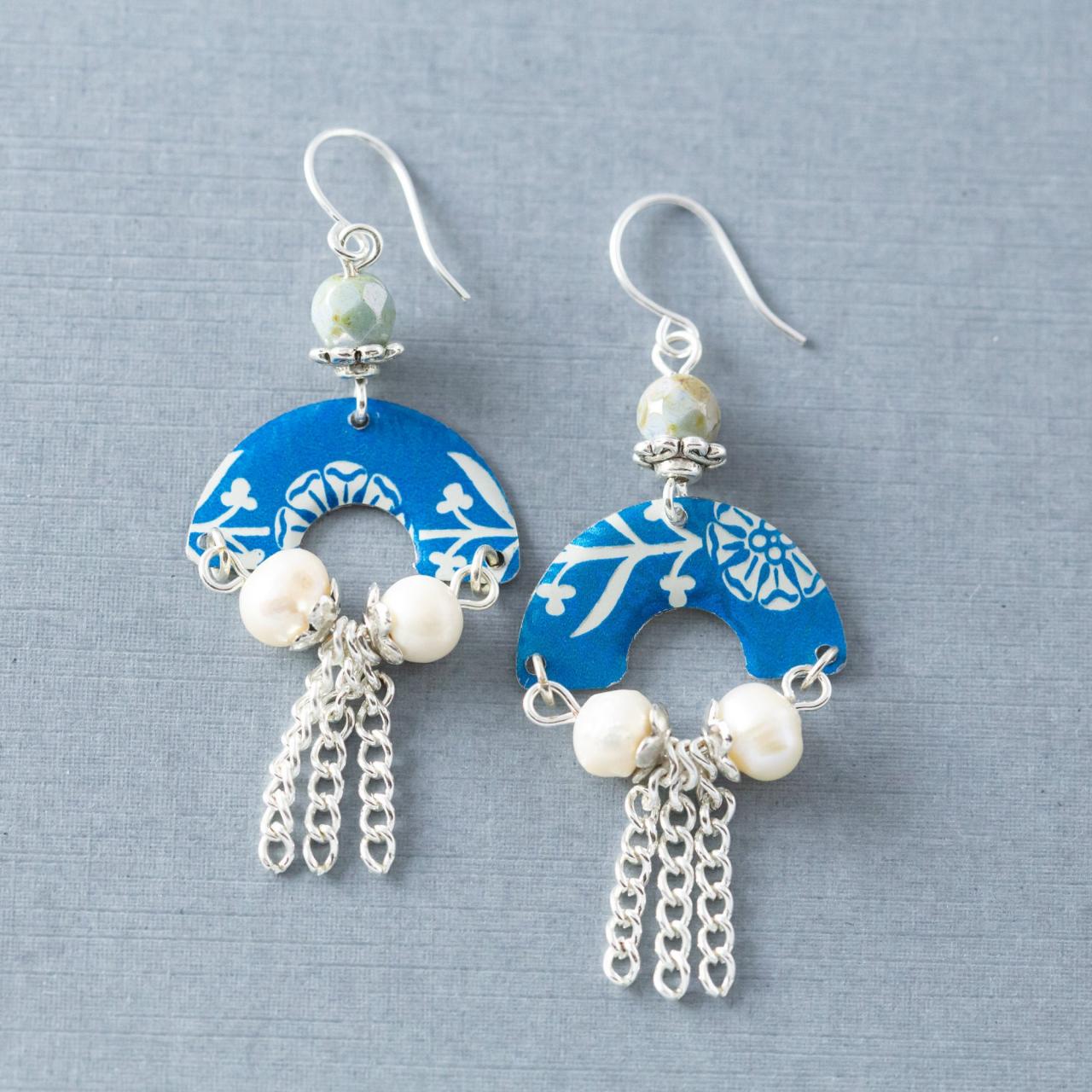 Blue And White Half Circle Tin Earrings With Silver Chain Fringe And Freshwater Pearls, Winter Jewelry