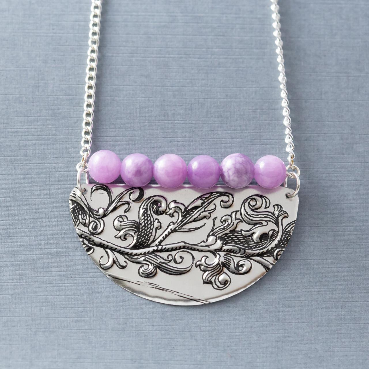 Purple & Silver Half Circle Necklace, Semicircle Necklace, Tin Necklace, Boho Necklace, Bohemian Jewelry, Tin Jewelry