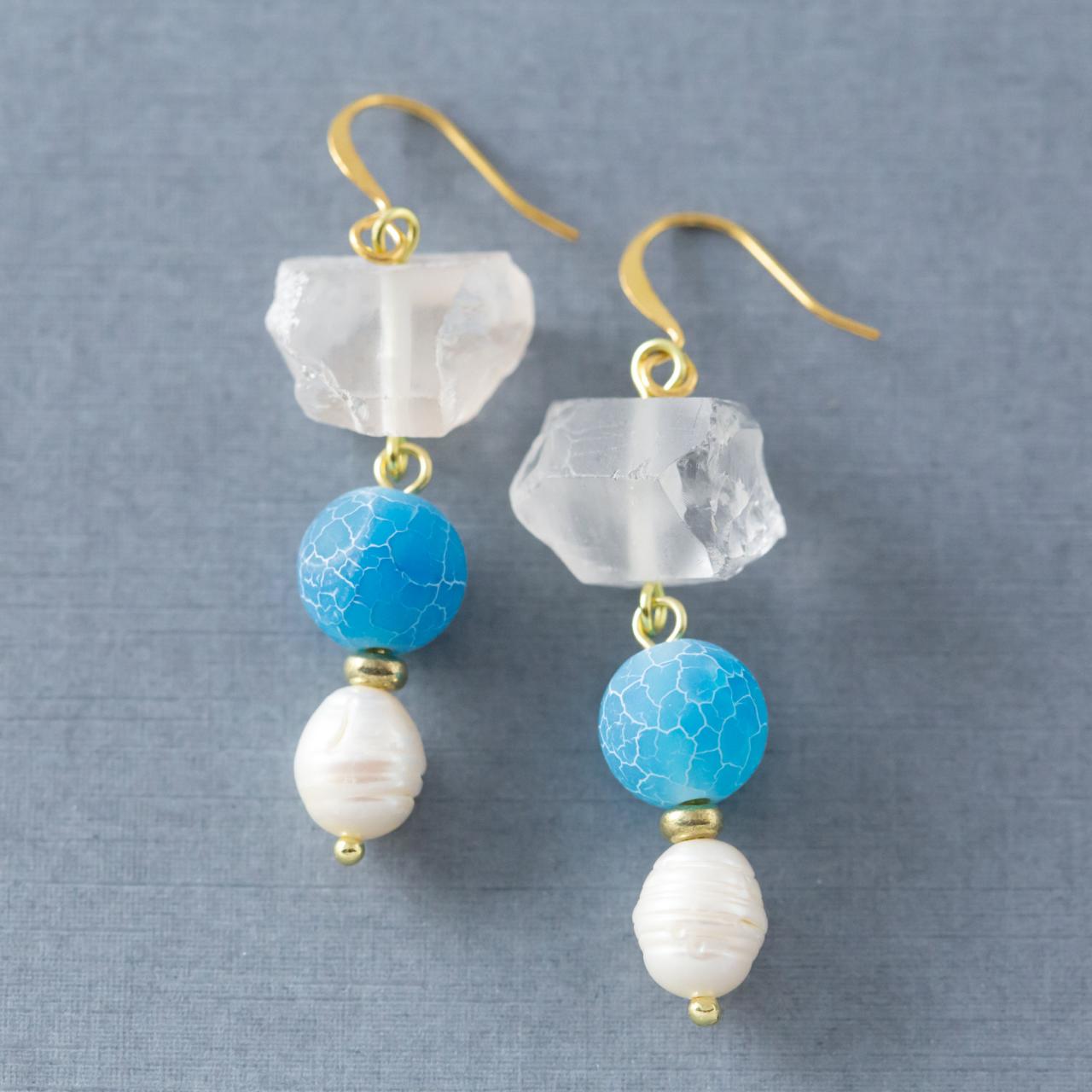 Aqua Agate Earrings, Freshwater Pearl Earrings Crystal Earrings, Agate Jewelry
