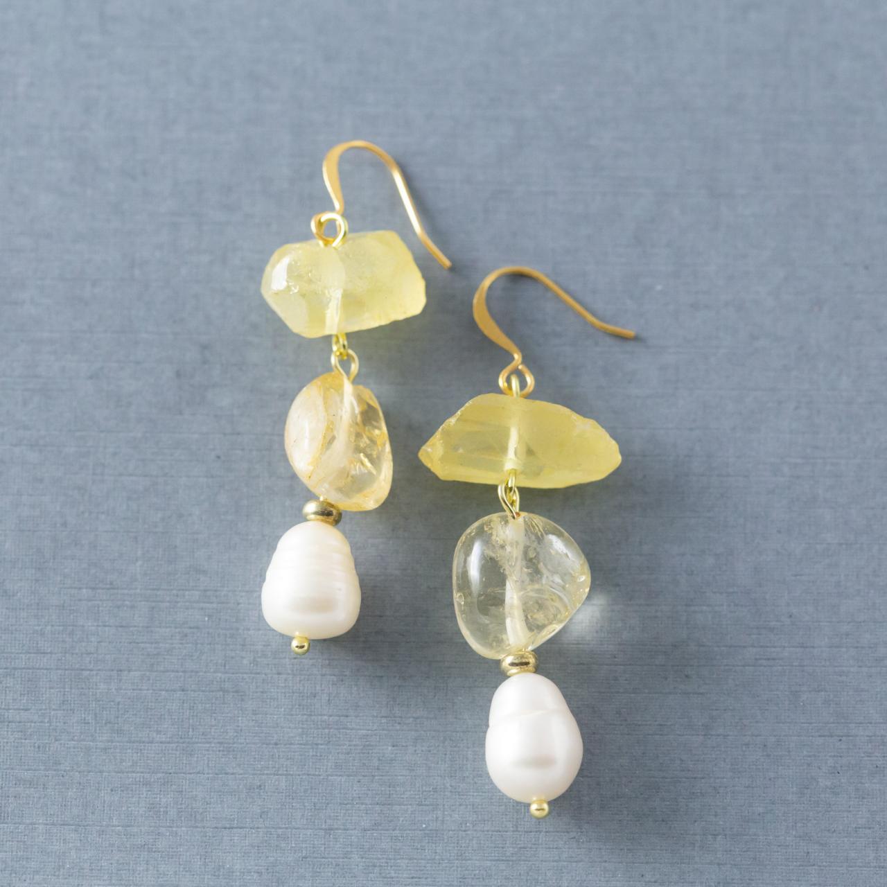 Citrine Earrings, Gemstone Earrings, Freshwater Pearl Earrings, Yellow Crystal Earrings, Citrine Jewelry