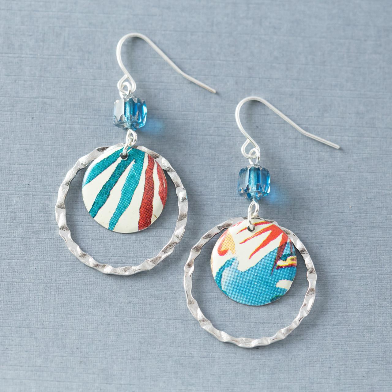 Colorful Boho Artist Tin Dangle Earrings With Silver Tone Hoops And Blue Czech Glass Beads, Tin Jewelry