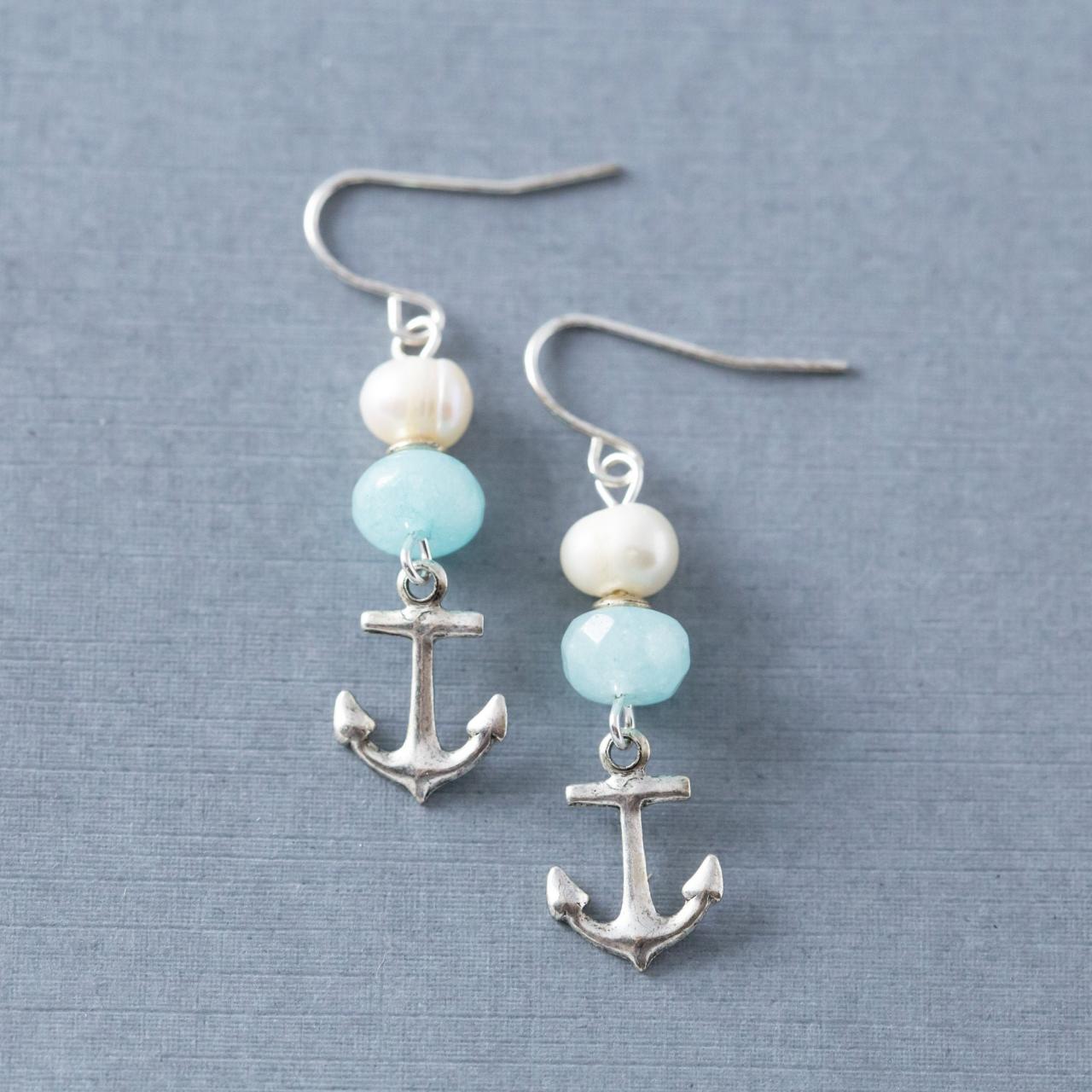 Silver Anchor Nautical Beach Earrings With Freshwater Pearls And Blue Amazonite Beads, Nautical Jewelry