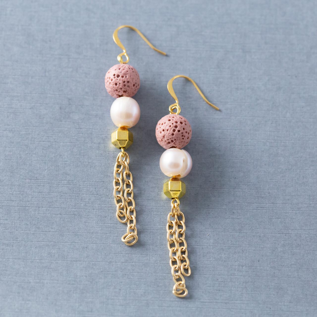 Pink Lava Rock Earrings, Freshwater Pearl Earrings, Gold Chain Tassel Earrings, Boho Chic Jewelry