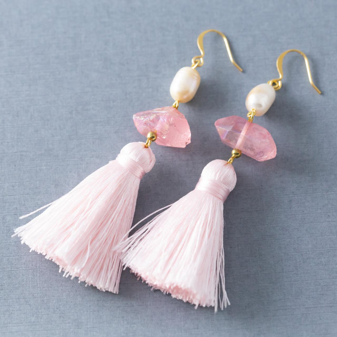 Crystal Freshwater Pearl Gold Pink Tassel Earrings