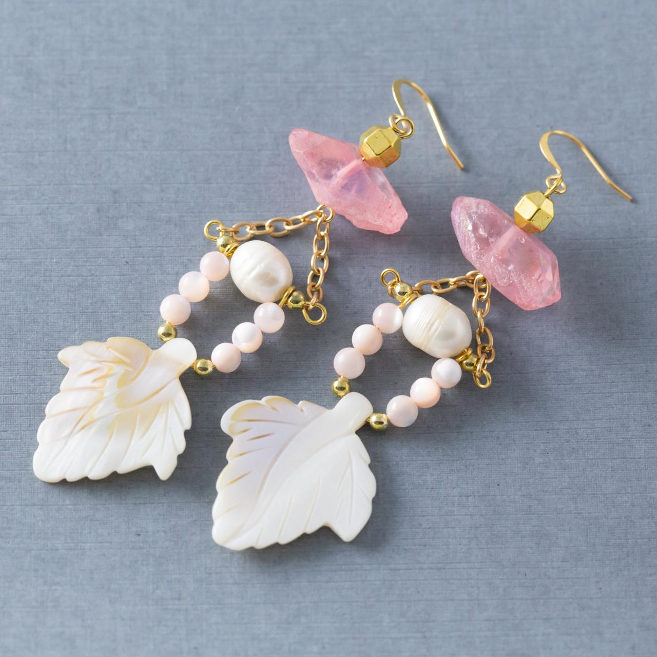 Tropical Pink & White Leaf Crystal Statement Mother Of Pearl Earrings