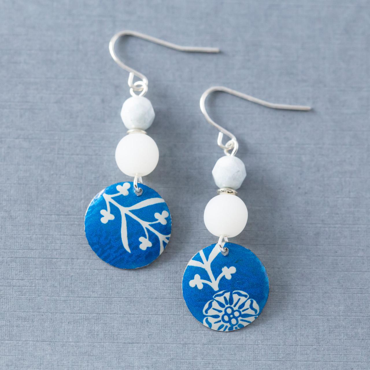 Blue Winter Earrings, Blue Flower Earrings, Flower Dangle Earrings, Beaded Earrings, Blue Tin Earrings, Dangling Earrings, Winter Jewelry