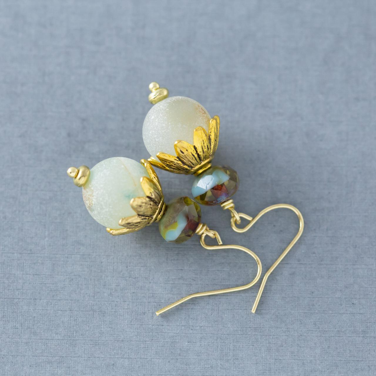 Light Blue Grey Agate & Czech Bead Dangle Earrings With Gold Tone Floral Bead Caps, Agate Jewelry