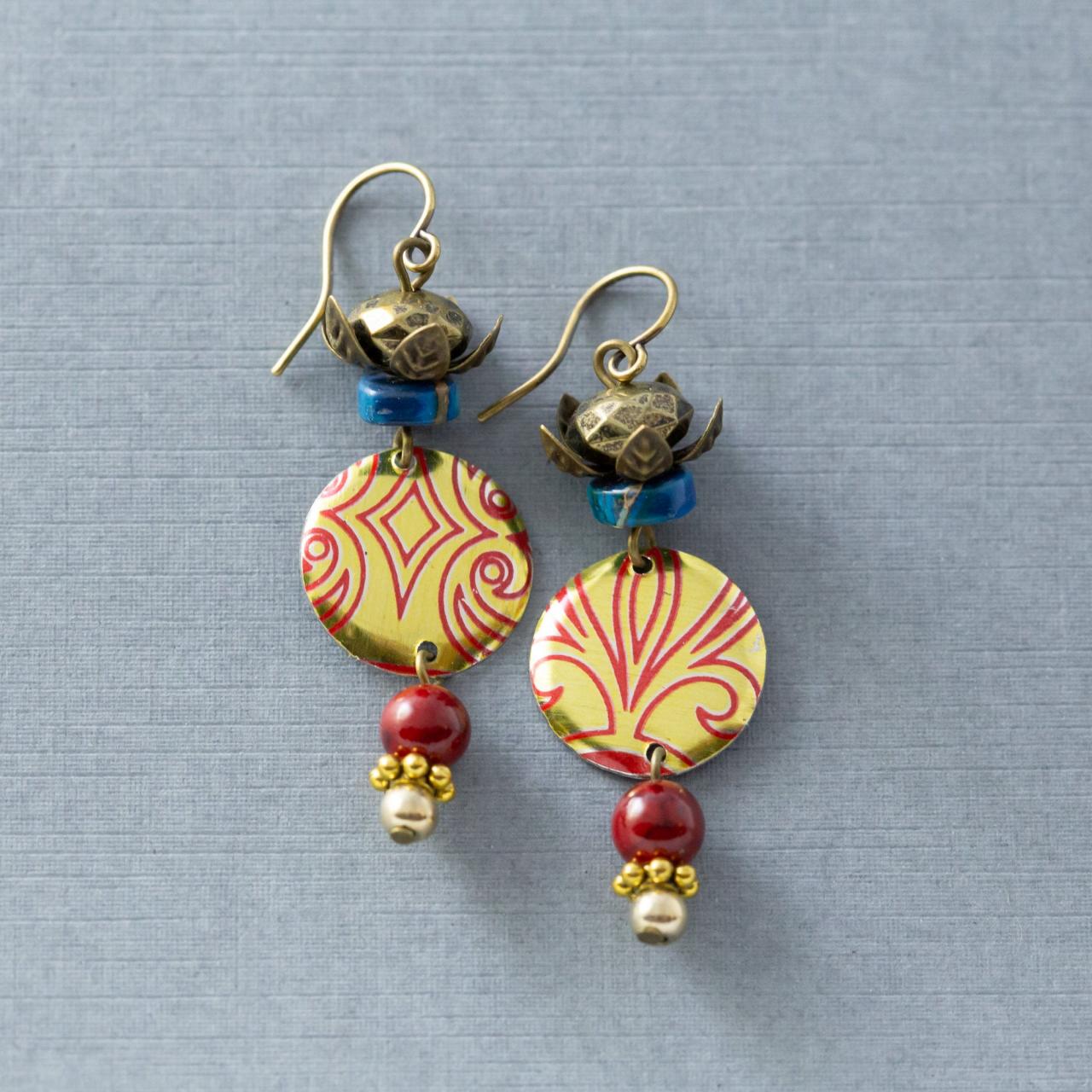 Small Boho Earrings, Tin Earrings, Red & Blue Earrings, Unique Earrings, Unusual Jewelry, Dangle Earrings