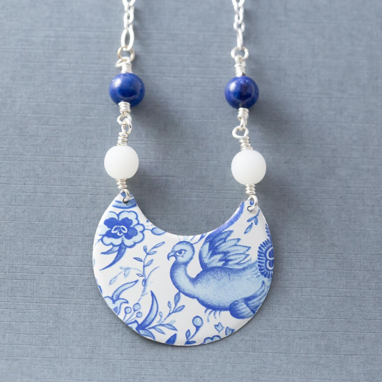 White & Blue Bird Necklace, Delft Necklace, Semicircle Necklace, Cobalt Blue Necklace, Blue Flower Necklace, Tin Jewelry, Delft Jewelry