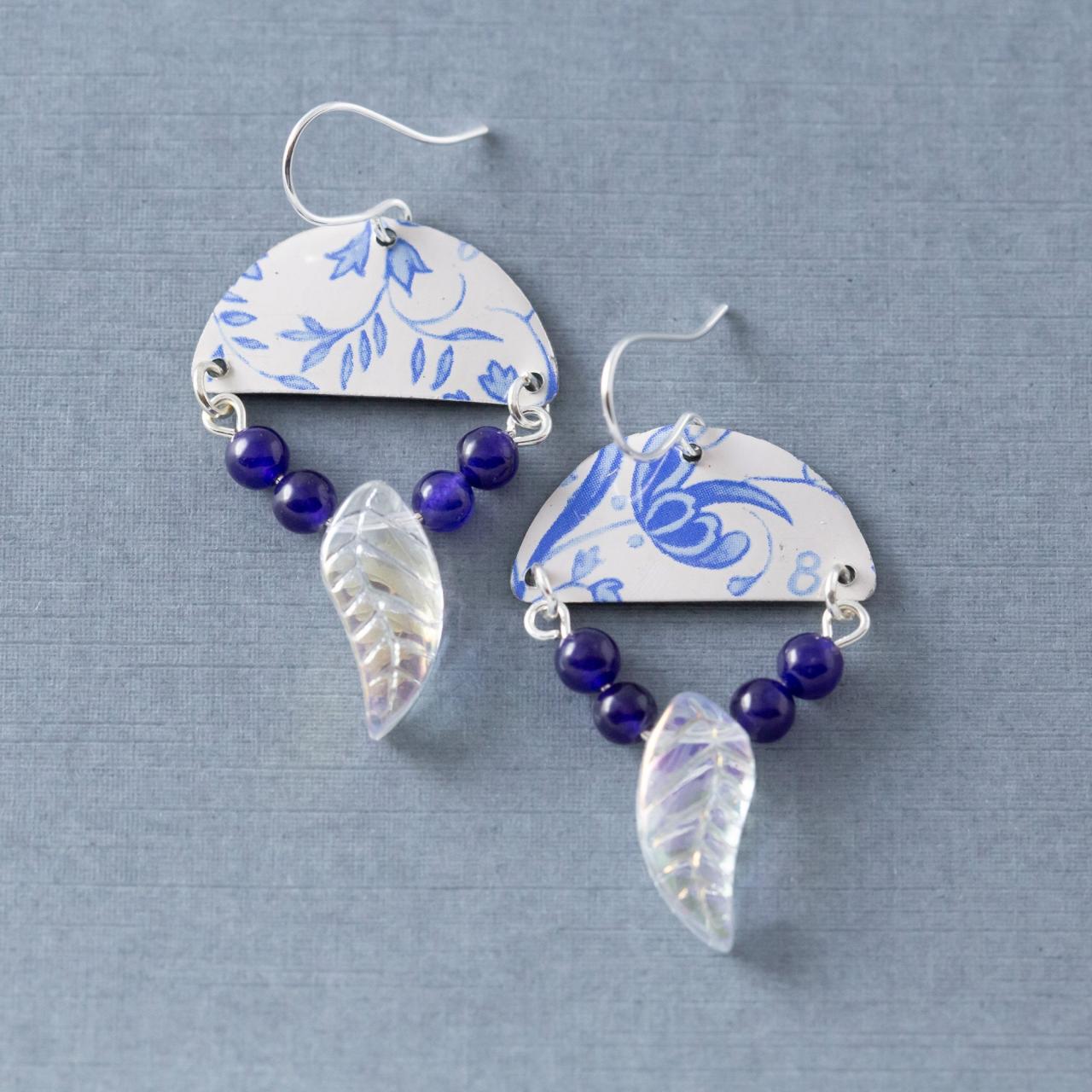 Blue And White Delft Floral Half Circle Tin Earrings With Cobalt Blue Beads And Glass Leaf, Half Circle Jewelry
