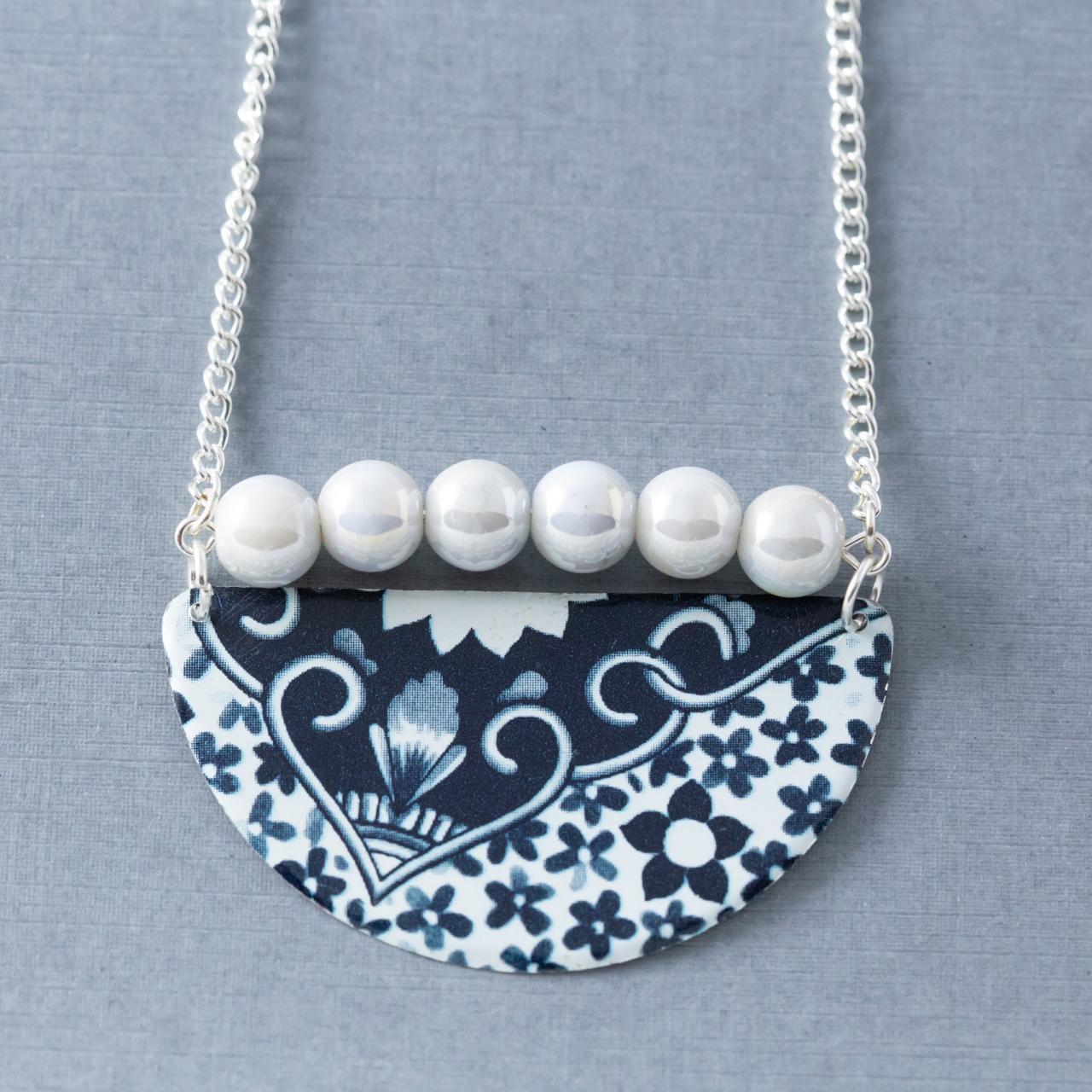 Dark Blue And White Flower Half Circle Tin Necklace With Light Grey Glass Beads And Silver Tone Chain, Tin Jewelry