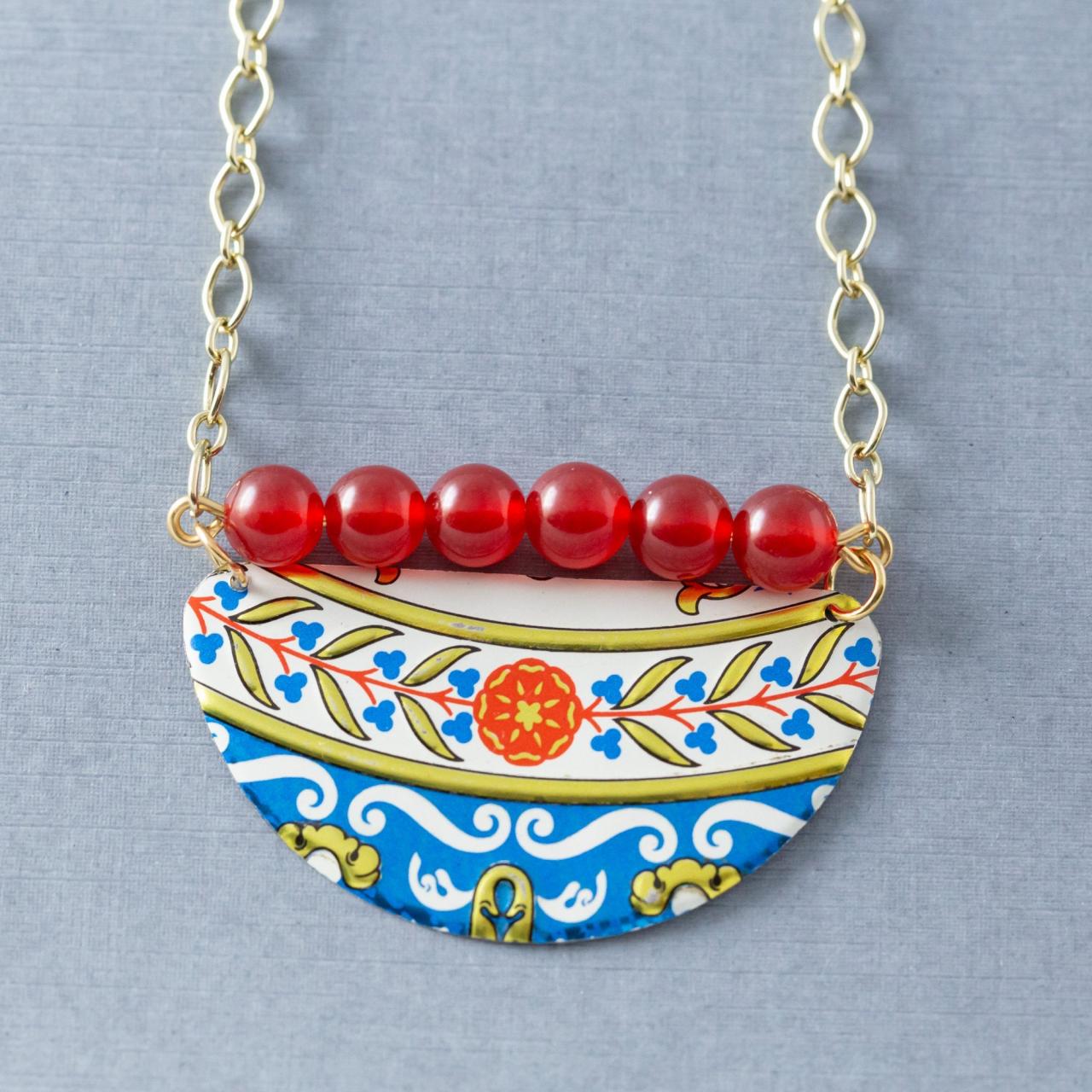 Half Circle Boho Chic Colorful Red And Blue Tin Necklace With Red Quartzite Beads And Gold Tone Chain, Tin Jewelry