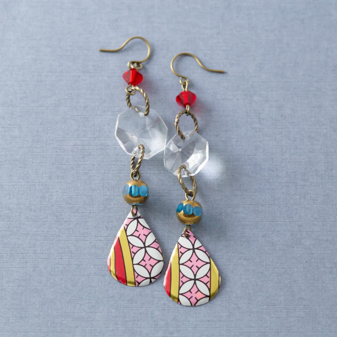 Long Pink, Blue And Red Teardrop Tin Earrings