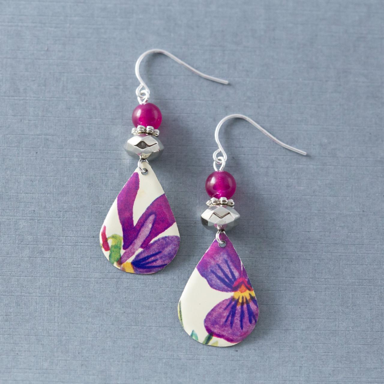 Purple & Pink Flower Tin Teardrop Silver Watercolor Earrings
