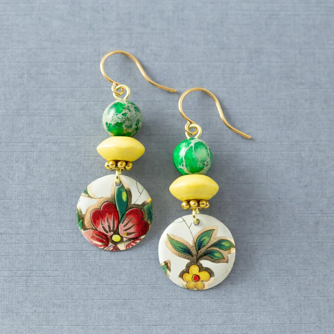 Boho Flower Earrings, Tin Earrings, Dangle Earrings, Green And Yellow Earrings, Tin Jewelry, Bohemian Jewelry
