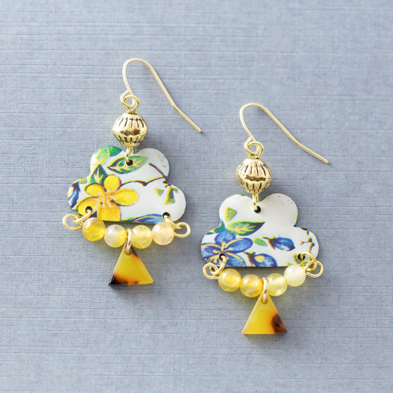 Bohemian Floral Earrings, Blue, Gold & Yellow Earrings, Triangle Earrings, Boho Earrings, Tin Jewelry, Flower Jewelry