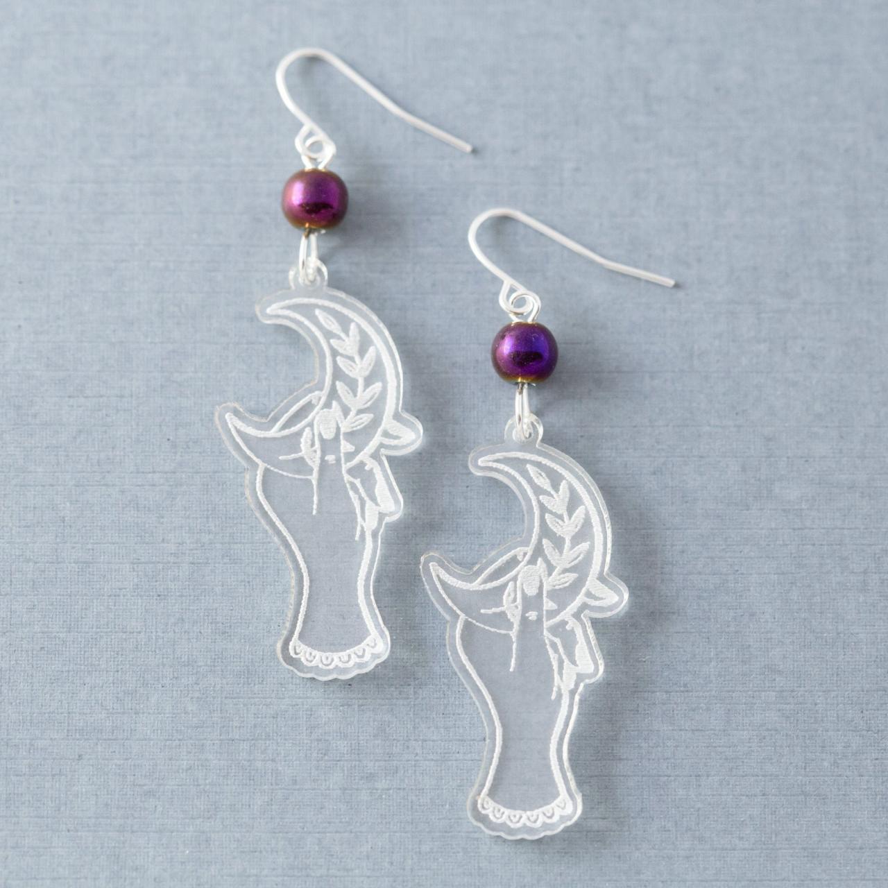 Woman's Hand Holding Crescent Moon Earrings, Purple & Transparent Earrings, Hand Earrings, Art Earrings, Acrylic Earrings,