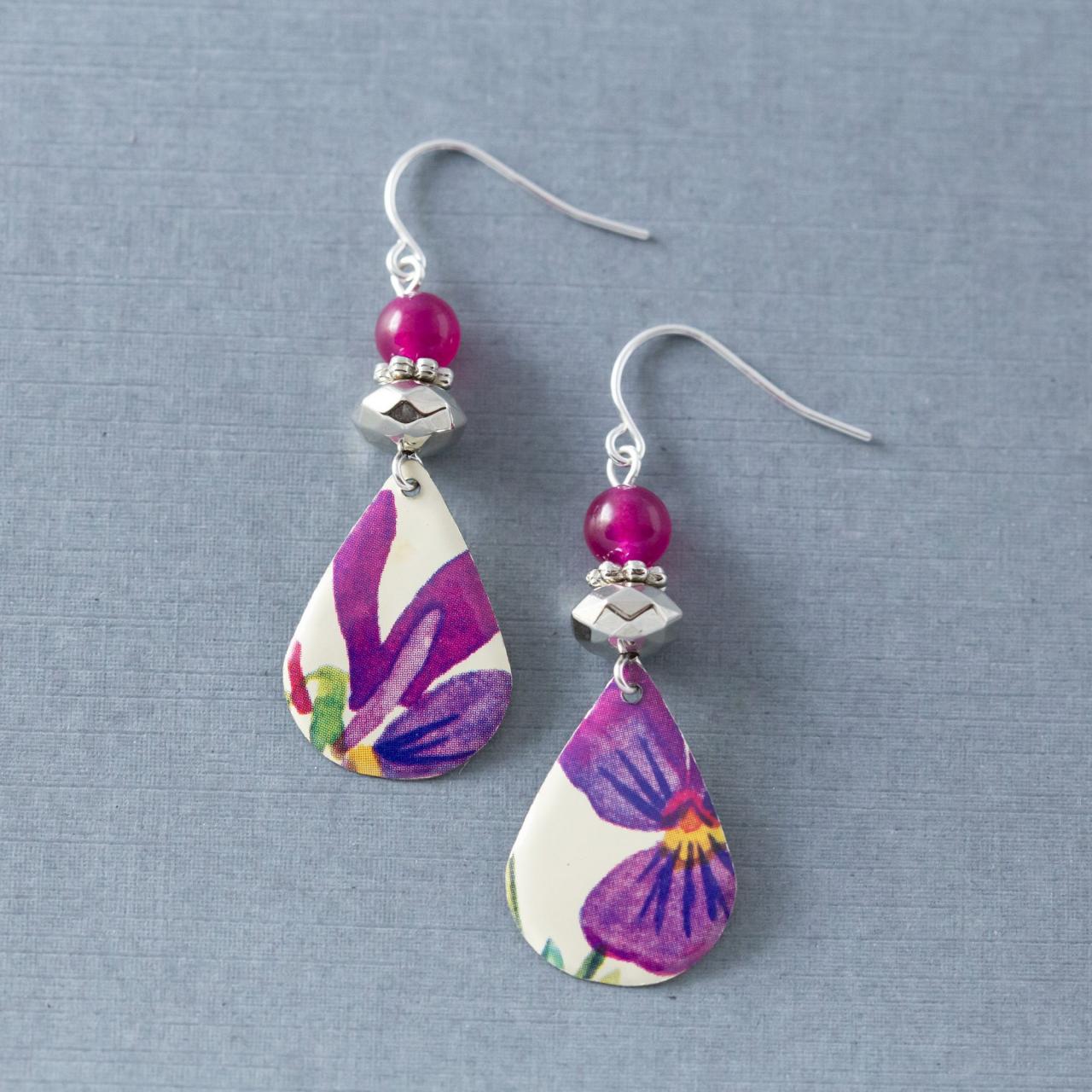 Purple & Pink Flower Tin Teardrop Silver Watercolor Earrings