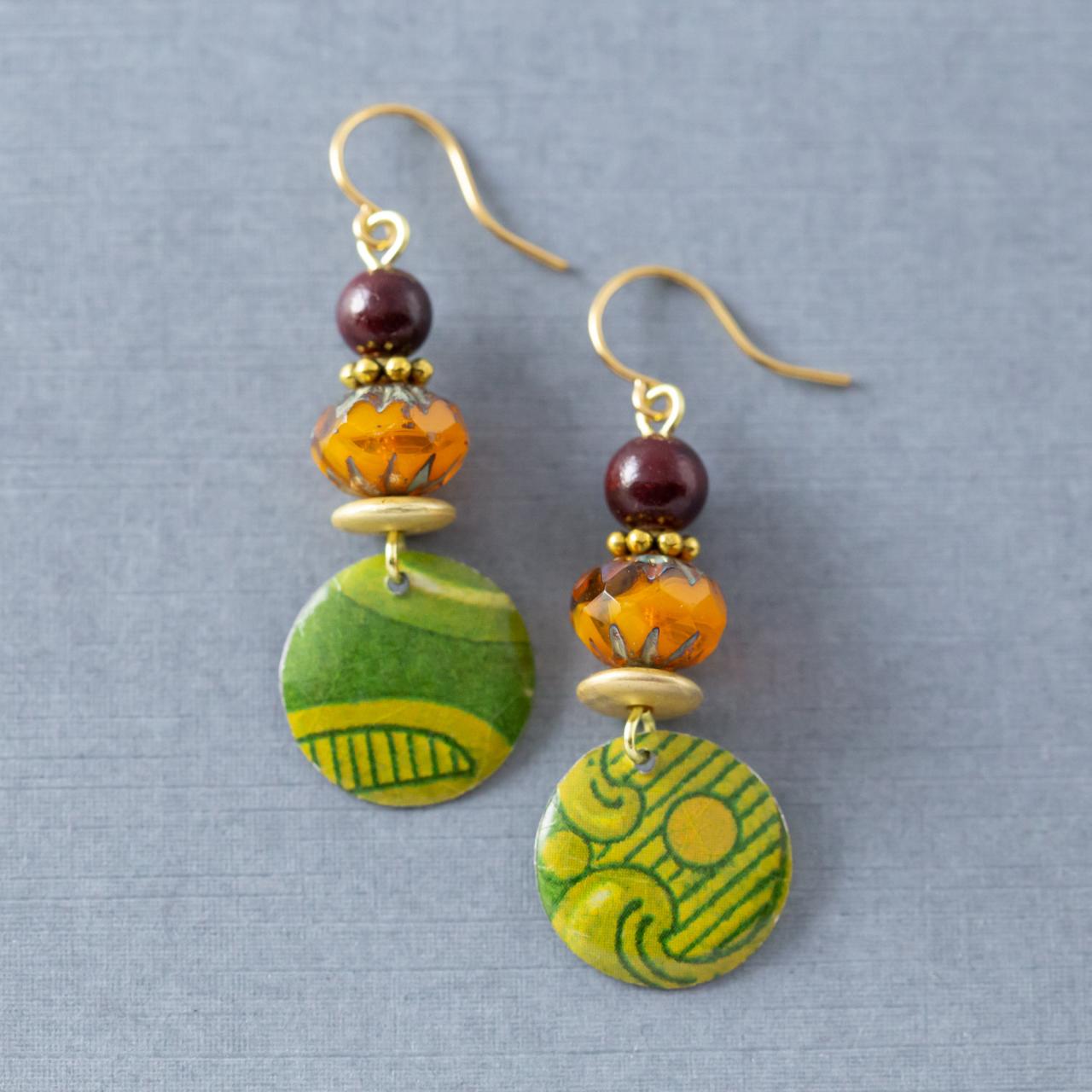 Green & Orange Tin Earrings, Boho Earrings, Dangle Earrings, Bohemian Jewelry, Tin Jewelry, Recycled Jewelry